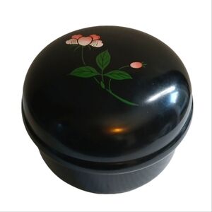 Chic Round Trinket Box Bowl + Lid Lacquered Japanese Floral Hand Painted Texture